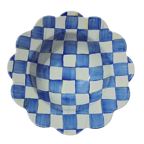 MACKENZIE-CHILDS Royal Check Enamel Petal Serving Bowl Hand Painted Blue NEW - Picture 1 of 3